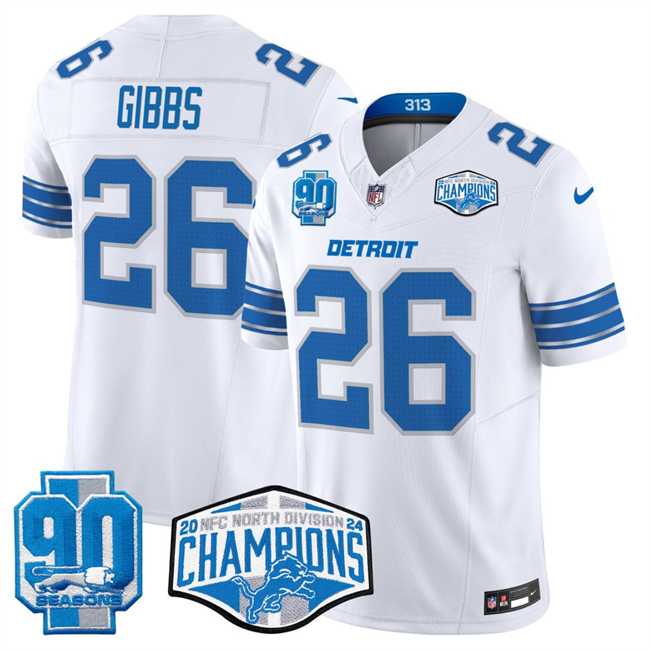Men%27s Detroit Lions #26 Jahmyr Gibbs White 2024 NFC North Champions 90th Anniversary Patch F.U.S.E. Vapor Limited Stitched Jersey->detroit lions->NFL Jersey